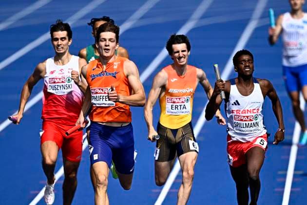 European Athletics Championships Birmingham 2026 - day 5 BIRMINGHAM, ENGLAND - AUGUST 14 : Phijffers Jonas (NED), Spillmann Yann (FRA) in action during the 4x400 Relay Men Round 1 Heat 2 on day 5 of the Birmingham 2026 European Athletics Championships on August 14, 2026 in Birmingham, England, 14 08 2026 Birmingham ENGLAND  Copyright: xTomasxSiskx