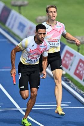 Belgian Daniel Segers and Belgian athlete Julien Watrin pictured in action during the men s 4x100m relay on the fifth day of the European Athletics Championships (August 10-18) in Birmingham, United Kingdom, on Friday 14 August 2026. ERICxLALMAND  x183354318x