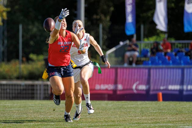 Great Britain (GBR) vs. Austria (AUT), Day 2 Women at IFAF Flag Football Championships Düsseldorf 2026, 14.08.2026 Duesseldorf, Germany - Aug. 14, 2026: Hannah Paige Elliott (GBR 22) during the match between Great Britain (GBR) vs. Austria (AUT) on the second day of the Women IFAF Flag Football World Championships at the Bezirkssportanlage Duesseldorf Garath *** Great Britain (GBR) vs. Austria (AUT), Day 2, Women s Division at the IFAF Flag Football Championships in Düsseldorf 2026, August 14, 2026, Düsseldorf, Germany. Hannah Paige Elliott (GBR 22) during the match between Great Britain (GBR) and Austria (AUT) on the second day of the Women’s IFAF Flag Football World Championships at the Bezirkssportanlage Düsseldorf Garath Copyright: xBEAUTIFULxSPORTS B.Hoffmannx