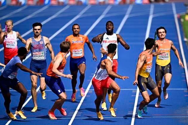 European Athletics Championships Birmingham 2026 - day 5 BIRMINGHAM, ENGLAND - AUGUST 14 : Omalla Eugene (NED), Manounou Predea (FRA) in action during the 4x400 Relay Men Round 1 Heat 2 on day 5 of the Birmingham 2026 European Athletics Championships on August 14, 2026 in Birmingham, England, 14 08 2026 Birmingham ENGLAND  Copyright: xTomasxSiskx