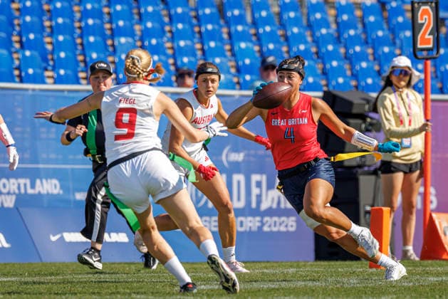 Great Britain (GBR) vs. Austria (AUT), Day 2 Women at IFAF Flag Football Championships Düsseldorf 2026, 14.08.2026 Duesseldorf, Germany - Aug. 14, 2026: Angelica Tait (GBR 4) during the match between Great Britain (GBR) vs. Austria (AUT) on the second day of the Women IFAF Flag Football World Championships at the Bezirkssportanlage Duesseldorf Garath *** Great Britain GBR vs. Austria AUT, Day 2 Women s Division at the IFAF Flag Football Championships Düsseldorf 2026, August 14, 2026, Düsseldorf, Germany. Angelica Tait (GBR 4) during the match between Great Britain (GBR) and Austria (AUT) on the second day of the Women’s IFAF Flag Football World Championships at the Bezirkssportanlage Düsseldorf Garath Copyright: xBEAUTIFULxSPORTS B.Hoffmannx