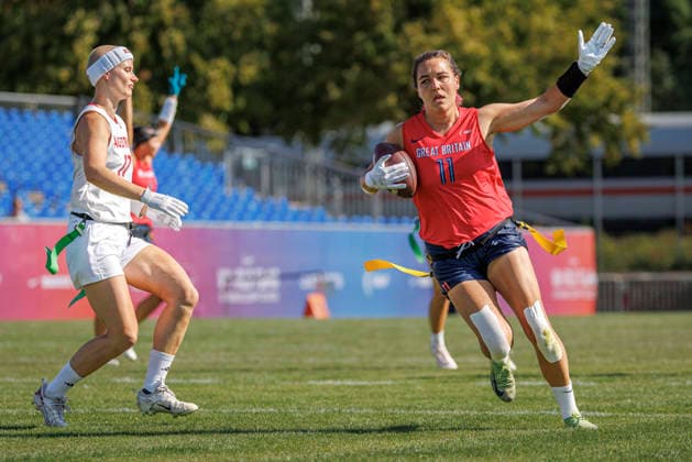 Great Britain (GBR) vs. Austria (AUT), Day 2 Women at IFAF Flag Football Championships Düsseldorf 2026, 14.08.2026 Duesseldorf, Germany - Aug. 14, 2026: Marta Bakowska-Mathews (GBR 11) during the match between Great Britain (GBR) vs. Austria (AUT) on the second day of the Women IFAF Flag Football World Championships at the Bezirkssportanlage Duesseldorf Garath *** Great Britain (GBR) vs. Austria (AUT), Day 2 Women s Division at the IFAF Flag Football Championships in Düsseldorf 2026, August 14, 2026, Düsseldorf, Germany. Marta Bakowska Mathews (GBR 11) during the match between Great Britain (GBR) and Austria (AUT) on the second day of the Women’s IFAF Flag Football World Championships at the Bezirkssportanlage Düsseldorf Garath Copyright: xBEAUTIFULxSPORTS B.Hoffmannx