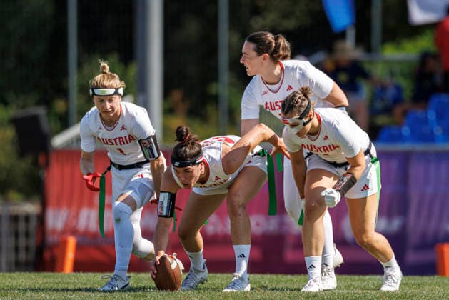 Great Britain (GBR) vs. Austria (AUT), Day 2 Women at IFAF Flag Football Championships Düsseldorf 2026, 14.08.2026 Duesseldorf, Germany - Aug. 14, 2026: Franziska Tabitha Sottner (AUT 1), Katrin Mansbart (AUT 65), Saskia Stribrny (AUT 10) and Magdalena Helm (AUT 4) during the match between Great Britain (GBR) vs. Austria (AUT) on the second day of the Women IFAF Flag Football World Championships at the Bezirkssportanlage Duesseldorf Garath *** Great Britain GBR vs. Austria AUT, Day 2 Women s Division at the IFAF Flag Football Championships Düsseldorf 2026, August 14, 2026, Düsseldorf, Germany. August 14, 2026: Franziska Tabitha Sottner AUT 1, Katrin Mansbart AUT 65, Saskia Stribrny AUT 10, and Magdalena Helm AUT 4 during the match between Great Britain (GBR) and Austria (AUT) on the second day of the Women’s IFAF Flag Football World Championships at the Bezirkssportanlage Düsseldorf Garath Copyright: xBEAUTIFULxSPORTS B.Hoffmannx