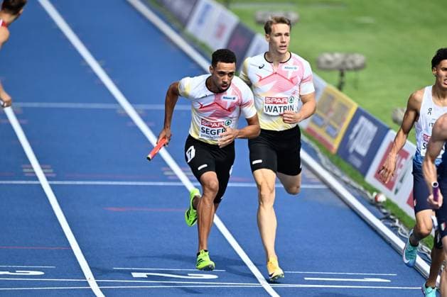 Belgian Daniel Segers and Belgian athlete Julien Watrin pictured in action during the men s 4x100m relay on the fifth day of the European Athletics Championships (August 10-18) in Birmingham, United Kingdom, on Friday 14 August 2026. ERICxLALMAND  x183354590x