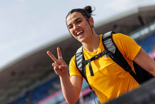 BIRMINGHAM, GREAT BRITAIN - AUGUST 14, 2026: Luisa TREMEL (GER Germany) greets happy during the European Athletics Championships at Alexander Stadium on August 14, 2026 in Birmingham, Great Britain. Great Britain Copyright: xAxelxKohringx