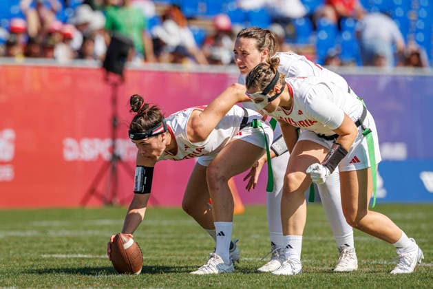 Great Britain (GBR) vs. Austria (AUT), Day 2 Women at IFAF Flag Football Championships Düsseldorf 2026, 14.08.2026 Duesseldorf, Germany - Aug. 14, 2026: Katrin Mansbart (AUT 65), Saskia Stribrny (AUT 10) and Magdalena Helm (AUT 4) during the match between Great Britain (GBR) vs. Austria (AUT) on the second day of the Women IFAF Flag Football World Championships at the Bezirkssportanlage Duesseldorf Garath *** Great Britain GBR vs. Austria AUT, Day 2 Women s Division at the IFAF Flag Football World Championships in Düsseldorf 2026, August 14, 2026, Düsseldorf, Germany. Katrin Mansbart AUT 65, Saskia Stribrny AUT 10, and Magdalena Helm AUT 4 during the match between Great Britain (GBR) and Austria (AUT) on the second day of the Women’s IFAF Flag Football World Championships at the Bezirkssportanlage Düsseldorf Garath Copyright: xBEAUTIFULxSPORTS B.Hoffmannx
