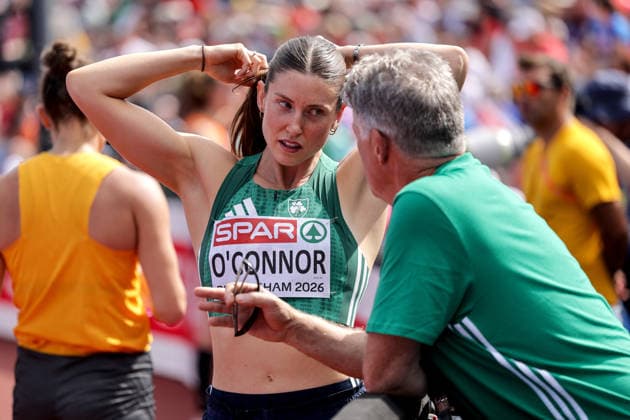 2026 European Athletics Championships, Alexander Stadium, Birmingham, England 14 8 2026 Women s Heptathlon - 100m Hurdles Ireland™s Kate O™Connor with her coach and father Michael O Connor Kate O™Connor with Michael O Connor 14 8 2026  Copyright: xx 0S9A3345