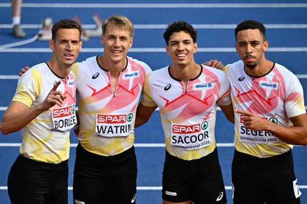 Belgian Dylan Borlee; athlete Julien Watrin; athlete Jonathan Sacoor and Belgian Dario Seghers celebrate after the men s 4x100m relay on the fifth day of the European Athletics Championships (August 10-18) in Birmingham, United Kingdom, on Friday 14 August 2026. ERICxLALMAND  x183354628x