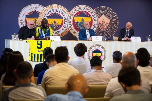 Belgian Romelu Lukaku pictured at a press moment for the signing of his new contract with the Turkish Süper Lig team Fenerbahce SK in Istanbul, Turkey on Friday 14 August 2026. Lukaku signed a deal for one year, with the option to extend the contract. The Turkish team payed 6 million euro for the attacker, who made a transfer from the Italian SSC Napoli. BURAK BASTURK BurakxBasturk  x0864077284stx