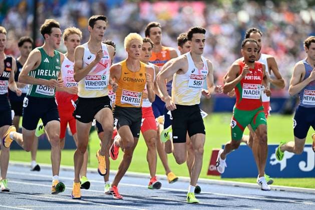 Belgian Ruben Verheyden and Belgian Pieter Sisk pictured in action during the 1500m race on the fifth day of the European Athletics Championships (August 10-18) in Birmingham, United Kingdom, on Friday 14 August 2026. ERICxLALMAND  x183357680x