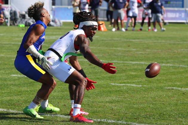 Tyler Davis (USA, 0) tries to catch the ball, IFAF Flag Football World Championships, Day 1, 13.08.2026, Photo: PFA Klaus Sack Düsseldorf-Garath Flag Football Complex Deutschland Copyright: xPFA KlausxSackx