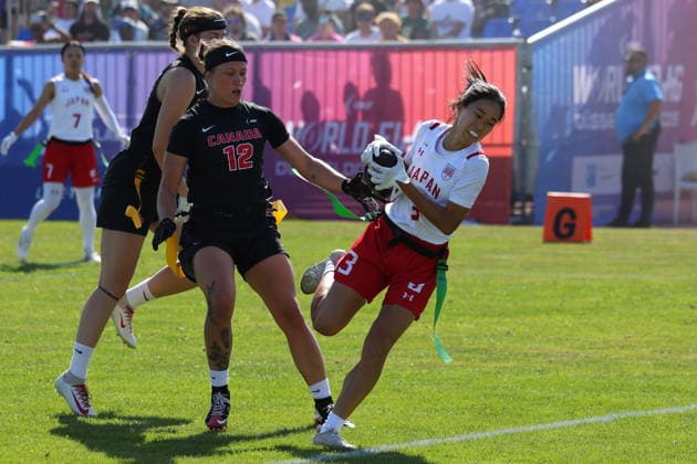 Miyuna Yamamoto (Japan, 3) runs with the ball, IFAF Flag Football World Championships, Day 1, 13.08.2026, Photo: PFA Klaus Sack Düsseldorf-Garath Flag Football Complex Deutschland Copyright: xPFA KlausxSackx