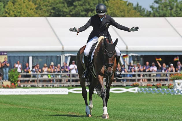 Christoph Wahler (GER, Deutschland, Germany) mit Pferd DAccord FRH, Teilprüfung Dressur, Jubel, Emotion , Vielseitigkeit Dressur, FEI Eventing World Championship, WM, Weltmeisterschaft , DHL-Preis, Einzel Mannschaft , AACHEN - FEI World Championships 2026, Weltfest des Pferdesports, Reitsport Weltmeisterschaft 2026, Aachen 2026, Welcome Home 2026, Aachener Soers, 11. bis 23. August 2026, Reitsport, 14.08.2026, Aachen Aachener Soers Deutschland *** Christoph Wahler GER, Germany, riding DAccord FRH, dressage test, celebration, emotion, eventing dressage, FEI Eventing World Championship, DHL Prize, Individual and Team, AACHEN FEI World Championships 2026, World Equestrian Festival, 2026 World Equestrian Games, Aachen 2026, Welcome Home 2026, Aachen Soers, August 11–23, 2026, Equestrian Sports, August 14, 2026, Aachen Soers, Germany
