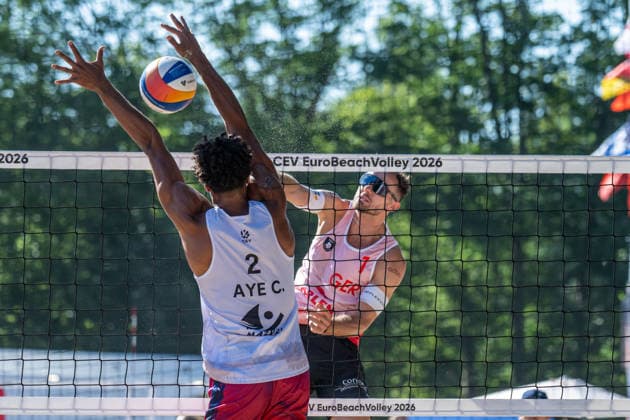 STARE JABLONKI, POLEN - AUGUST 14: Jonas Sagstetter (Player 1, GER) during the European Championships Beach volleyball, Beachvolleyball at Stare Jablonki on August 14, 2026 in Stare Jablonki, Polen. Polen Copyright: xPeterxWeberx