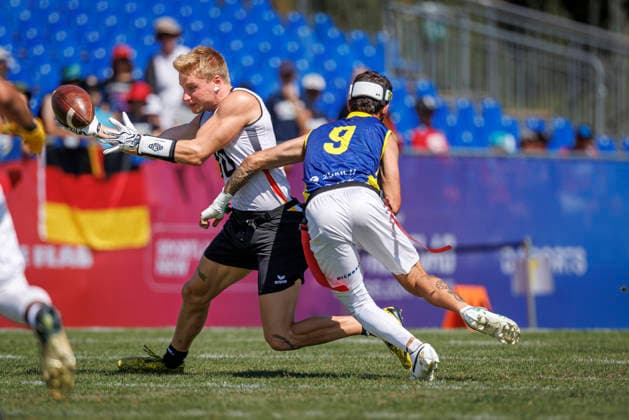 Germany (GER) vs. Brazil (BRA), Day 2 Men at IFAF Flag Football Championships Düsseldorf 2026, 14.08.2026 Duesseldorf, Germany - Aug. 14, 2026: Ben Fröhlich (GER 10) and Rhuan Pablo Carvalho de Oliveira Lima (BRA 9) during the match between Germany (GER) vs. Brazil (BRA) on the second day of the Men IFAF Flag Football World Championships at the Bezirkssportanlage Duesseldorf Garath *** Germany GER vs. Brazil BRA, Day 2 Men s Division at the IFAF Flag Football Championships Düsseldorf 2026, August 14, 2026, Düsseldorf, Germany, Aug. 14, 2026 Ben Fröhlich (GER) 10 and Rhuan Pablo Carvalho de Oliveira Lima (BRA) 9 during the match between Germany (GER) and Brazil (BRA) on the second day of the Men’s IFAF Flag Football World Championships at the Bezirkssportanlage Düsseldorf Garath Copyright: xBEAUTIFULxSPORTS B.Hoffmannx
