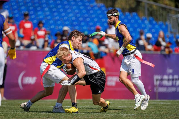 Germany (GER) vs. Brazil (BRA), Day 2 Men at IFAF Flag Football Championships Düsseldorf 2026, 14.08.2026 Duesseldorf, Germany - Aug. 14, 2026: Ben Fröhlich (GER 10) and Rhuan Pablo Carvalho de Oliveira Lima (BRA 9) during the match between Germany (GER) vs. Brazil (BRA) on the second day of the Men IFAF Flag Football World Championships at the Bezirkssportanlage Duesseldorf Garath *** Germany GER vs. Brazil BRA, Day 2 Men s Division at the IFAF Flag Football Championships Düsseldorf 2026, August 14, 2026, Düsseldorf, Germany, Aug. 14, 2026 Ben Fröhlich (GER) 10 and Rhuan Pablo Carvalho de Oliveira Lima (BRA) 9 during the match between Germany (GER) and Brazil (BRA) on the second day of the Men’s IFAF Flag Football World Championships at the Bezirkssportanlage Düsseldorf Garath Copyright: xBEAUTIFULxSPORTS B.Hoffmannx