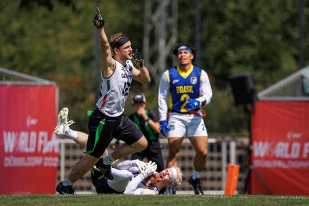 Germany (GER) vs. Brazil (BRA), Day 2 Men at IFAF Flag Football Championships Düsseldorf 2026, 14.08.2026 Duesseldorf, Germany - Aug. 14, 2026: Moritz Apfel (GER 12) and Luca Samuel Bultmann (GER 19) during the match between Germany (GER) vs. Brazil (BRA) on the second day of the Men IFAF Flag Football World Championships at the Bezirkssportanlage Duesseldorf Garath *** Germany GER vs. Brazil BRA, Day 2 Men s Division at the IFAF Flag Football Championships Düsseldorf 2026, August 14, 2026, Düsseldorf, Germany, Aug. 14, 2026 Moritz Apfel (GER 12) and Luca Samuel Bultmann (GER 19) during the match between Germany (GER) and Brazil (BRA) on the second day of the Men’s IFAF Flag Football World Championships at the Bezirkssportanlage Düsseldorf Garath Copyright: xBEAUTIFULxSPORTS B.Hoffmannx