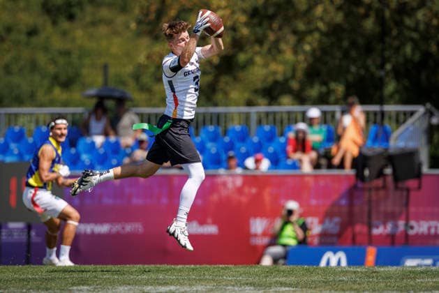 Germany (GER) vs. Brazil (BRA), Day 2 Men at IFAF Flag Football Championships Düsseldorf 2026, 14.08.2026 Duesseldorf, Germany - Aug. 14, 2026: Justin Schlesinger (GER 3) during the match between Germany (GER) vs. Brazil (BRA) on the second day of the Men IFAF Flag Football World Championships at the Bezirkssportanlage Duesseldorf Garath *** Germany GER vs. Brazil BRA, Day 2 Men s Division at the IFAF Flag Football Championships Düsseldorf 2026, August 14, 2026, Düsseldorf, Germany. Justin Schlesinger (GER 3) during the match between Germany (GER) and Brazil (BRA) on the second day of the Men’s IFAF Flag Football World Championships at the Bezirkssportanlage Düsseldorf Garath Copyright: xBEAUTIFULxSPORTS B.Hoffmannx