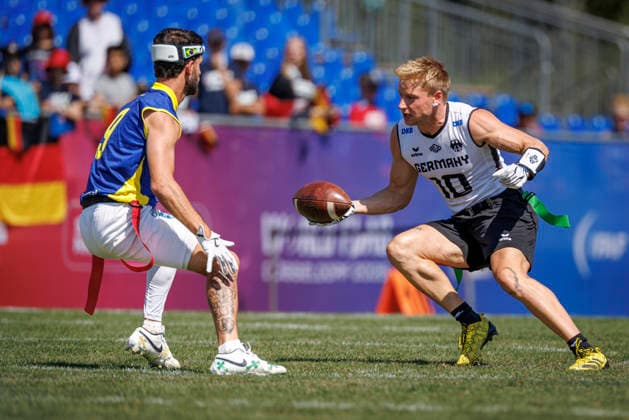 Germany (GER) vs. Brazil (BRA), Day 2 Men at IFAF Flag Football Championships Düsseldorf 2026, 14.08.2026 Duesseldorf, Germany - Aug. 14, 2026: Ben Fröhlich (GER 10) during the match between Germany (GER) vs. Brazil (BRA) on the second day of the Men IFAF Flag Football World Championships at the Bezirkssportanlage Duesseldorf Garath *** Germany GER vs. Brazil BRA, Day 2 Men s Division at the IFAF Flag Football Championships Düsseldorf 2026, August 14, 2026, Düsseldorf, Germany. Ben Fröhlich (GER) No. 10 during the match between Germany (GER) and Brazil (BRA) on the second day of the Men’s IFAF Flag Football World Championships at the Bezirkssportanlage Düsseldorf Garath Copyright: xBEAUTIFULxSPORTS B.Hoffmannx