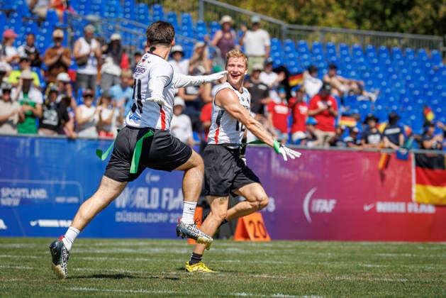 Germany (GER) vs. Brazil (BRA), Day 2 Men at IFAF Flag Football Championships Düsseldorf 2026, 14.08.2026 Duesseldorf, Germany - Aug. 14, 2026: Fabian Achenbach (GER 21) and Ben Fröhlich (GER 10) during the match between Germany (GER) vs. Brazil (BRA) on the second day of the Men IFAF Flag Football World Championships at the Bezirkssportanlage Duesseldorf Garath *** Germany GER vs. Brazil BRA, Day 2 Men s Division at the IFAF Flag Football World Championships Düsseldorf 2026, August 14, 2026, Düsseldorf, Germany, Aug. 14, 2026 Fabian Achenbach (GER 21) and Ben Fröhlich (GER 10) during the match between Germany (GER) and Brazil (BRA) on the second day of the Men’s IFAF Flag Football World Championships at the Bezirkssportanlage Düsseldorf Garath Copyright: xBEAUTIFULxSPORTS B.Hoffmannx