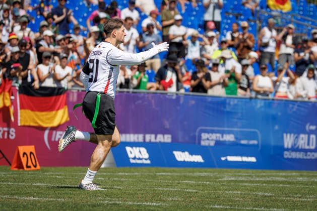 Germany (GER) vs. Brazil (BRA), Day 2 Men at IFAF Flag Football Championships Düsseldorf 2026, 14.08.2026 Duesseldorf, Germany - Aug. 14, 2026: Fabian Achenbach (GER 21) during the match between Germany (GER) vs. Brazil (BRA) on the second day of the Men IFAF Flag Football World Championships at the Bezirkssportanlage Duesseldorf Garath *** Germany GER vs. Brazil BRA, Day 2 Men s Division at the IFAF Flag Football Championships Düsseldorf 2026, August 14, 2026, Düsseldorf, Germany. Fabian Achenbach (GER 21) during the match between Germany (GER) and Brazil (BRA) on the second day of the Men’s IFAF Flag Football World Championships at the Bezirkssportanlage Düsseldorf Garath Copyright: xBEAUTIFULxSPORTS B.Hoffmannx