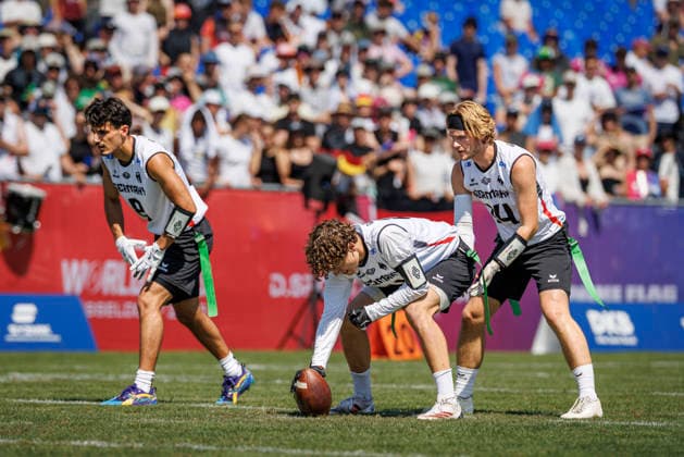 Germany (GER) vs. Brazil (BRA), Day 2 Men at IFAF Flag Football Championships Düsseldorf 2026, 14.08.2026 Duesseldorf, Germany - Aug. 14, 2026: Malik Al-Kahlout (GER 8), Theo Hack (GER 4) and Philipp Marco Klein (GER 14) during the match between Germany (GER) vs. Brazil (BRA) on the second day of the Men IFAF Flag Football World Championships at the Bezirkssportanlage Duesseldorf Garath *** Germany GER vs. Brazil BRA, Day 2 Men s Division at the IFAF Flag Football Championships Düsseldorf 2026, August 14, 2026, Düsseldorf, Germany, Aug. 14, 2026 Malik Al Kahlout (GER) 8, Theo Hack (GER) 4, and Philipp Marco Klein (GER) 14 during the match between Germany (GER) and Brazil (BRA) on the second day of the Men’s IFAF Flag Football World Championships at the Bezirkssportanlage Düsseldorf Garath Copyright: xBEAUTIFULxSPORTS B.Hoffmannx