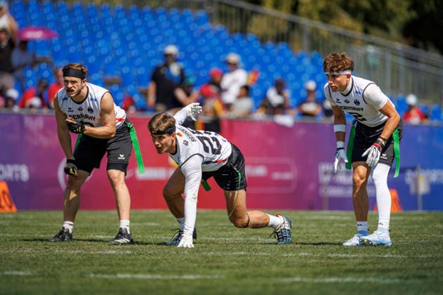 Germany (GER) vs. Brazil (BRA), Day 2 Men at IFAF Flag Football Championships Düsseldorf 2026, 14.08.2026 Duesseldorf, Germany - Aug. 14, 2026: Fabian Achenbach (GER 21), Ramon Emanuel Seifert (GER 25) and Moritz Kulenovic (GER 2) during the match between Germany (GER) vs. Brazil (BRA) on the second day of the Men IFAF Flag Football World Championships at the Bezirkssportanlage Duesseldorf Garath *** Germany GER vs. Brazil BRA, Day 2 Men s Division at the IFAF Flag Football Championships Düsseldorf 2026, August 14, 2026, Düsseldorf, Germany, Aug. 14, 2026 Fabian Achenbach (GER 21), Ramon Emanuel Seifert (GER 25), and Moritz Kulenovic (GER 2) during the match between Germany (GER) and Brazil (BRA) on the second day of the Men’s IFAF Flag Football World Championships at the Bezirkssportanlage Düsseldorf Garath Copyright: xBEAUTIFULxSPORTS B.Hoffmannx