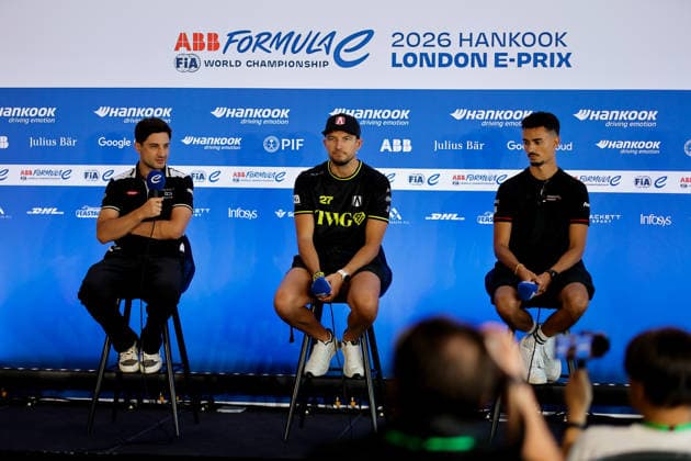 2026 FORMULA E LONDON ePRIX EVANS Mitch (nzl), Jaguar TCS Racing, Jaguar I-Type 7, portrait, DENNIS Jake (gbr), Andretti Formula E, Porsche 99X Electric, portrait, WEHRLEIN Pascal (ger), Porsche Formula E Team, Porsche 99X Electric, portrait press conference, PK, Pressekonferenz conference de presse during the London ePrix, 16th and 17th round of the 2025-26 ABB FIA Formula E World Championship, WM, Weltmeisterschaft on the ExCel London Circuit from August 14 to 16, 2026 in London, United Kingdom - LondonUnited Kingdom  Copyright: xPauloxMariax