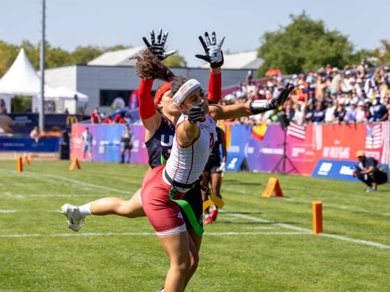 Incomplett pass to 4 Maria del Mar Hernandez Vitorique (DB) Team USA Women vs Team Spain Women, Flag Football , IFAF, WM, 2026, 13.08-16.08.26, Düsseldorf Flag Football Komplex Düsseldor Germany Copyright: xPFA ChristopherxMettkenx