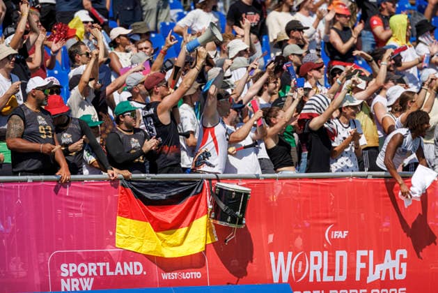 Germany (GER) vs. Brazil (BRA), Day 2 Men at IFAF Flag Football Championships Düsseldorf 2026, 14.08.2026 Duesseldorf, Germany - Aug. 14, 2026: german fans during the match between Germany (GER) vs. Brazil (BRA) on the second day of the Men IFAF Flag Football World Championships at the Bezirkssportanlage Duesseldorf Garath *** Germany (GER) vs. Brazil (BRA), Day 2 of the Men s IFAF Flag Football World Championships in Düsseldorf 2026, August 14, 2026, Düsseldorf, Germany—German fans during the match between Germany (GER) and Brazil (BRA) on the second day of the Men’s IFAF Flag Football World Championships at the Bezirkssportanlage Düsseldorf Garath Copyright: xBEAUTIFULxSPORTS B.Hoffmannx