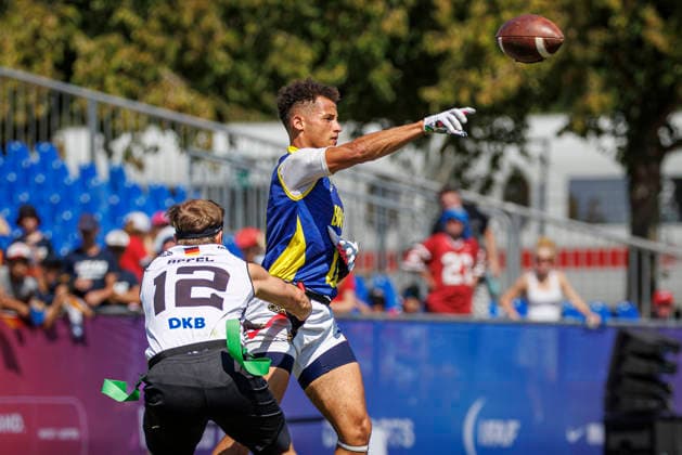 Germany (GER) vs. Brazil (BRA), Day 2 Men at IFAF Flag Football Championships Düsseldorf 2026, 14.08.2026 Duesseldorf, Germany - Aug. 14, 2026: Renato Esdras Santana Munford de Oliveira (BRA 0) during the match between Germany (GER) vs. Brazil (BRA) on the second day of the Men IFAF Flag Football World Championships at the Bezirkssportanlage Duesseldorf Garath *** Germany GER vs. Brazil BRA, Day 2 Men s Division at the IFAF Flag Football Championships Düsseldorf 2026, August 14, 2026, Düsseldorf, Germany. Renato Esdras Santana Munford de Oliveira (BRA) scored 0 points during the match between Germany (GER) and Brazil (BRA) on the second day of the Men’s IFAF Flag Football World Championships at the Bezirkssportanlage Düsseldorf Garath. Copyright: xBEAUTIFULxSPORTS B.Hoffmannx
