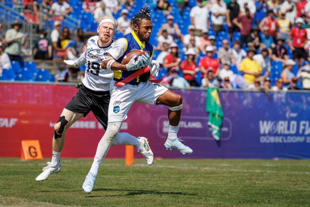 Germany (GER) vs. Brazil (BRA), Day 2 Men at IFAF Flag Football Championships Düsseldorf 2026, 14.08.2026 Duesseldorf, Germany - Aug. 14, 2026: Wallace Rodrigues Placido (BRA 1) during the match between Germany (GER) vs. Brazil (BRA) on the second day of the Men IFAF Flag Football World Championships at the Bezirkssportanlage Duesseldorf Garath *** Germany GER vs. Brazil BRA, Day 2 Men s Division at the IFAF Flag Football Championships Düsseldorf 2026, August 14, 2026, Düsseldorf, Germany. Wallace Rodrigues Placido (BRA 1) during the match between Germany (GER) and Brazil (BRA) on the second day of the Men’s IFAF Flag Football World Championships at the Bezirkssportanlage Düsseldorf Garath Copyright: xBEAUTIFULxSPORTS B.Hoffmannx
