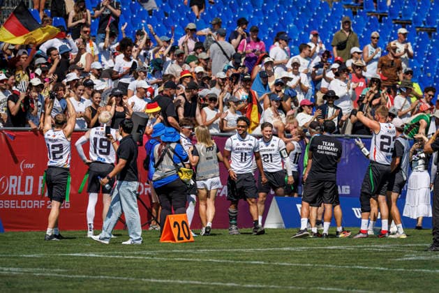 Germany (GER) vs. Brazil (BRA), Day 2 Men at IFAF Flag Football Championships Düsseldorf 2026, 14.08.2026 Duesseldorf, Germany - Aug. 14, 2026: german team celebrates the victory after the match between Germany (GER) vs. Brazil (BRA) on the second day of the Men IFAF Flag Football World Championships at the Bezirkssportanlage Duesseldorf Garath *** Germany (GER) vs. Brazil (BRA), Day 2 of the Men s IFAF Flag Football Championships in Düsseldorf 2026, August 14, 2026, Düsseldorf, Germany—The German team celebrates its victory after the match between Germany (GER) and Brazil (BRA) on the second day of the Men’s IFAF Flag Football World Championships at the Bezirkssportanlage Düsseldorf Garath Copyright: xBEAUTIFULxSPORTS B.Hoffmannx