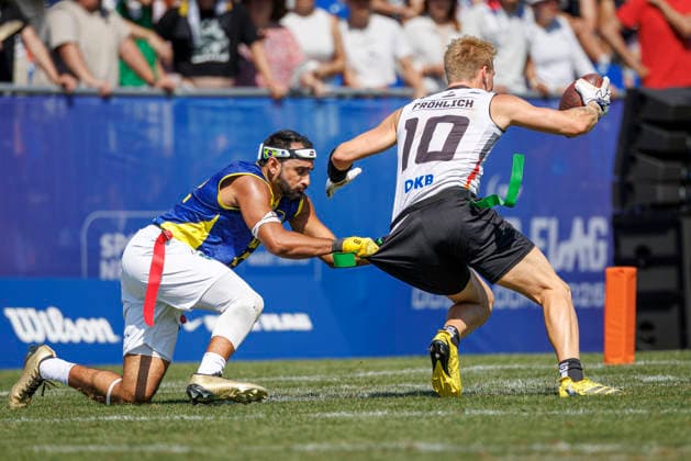 Germany (GER) vs. Brazil (BRA), Day 2 Men at IFAF Flag Football Championships Düsseldorf 2026, 14.08.2026 Duesseldorf, Germany - Aug. 14, 2026: Ben Fröhlich (GER 10) during the match between Germany (GER) vs. Brazil (BRA) on the second day of the Men IFAF Flag Football World Championships at the Bezirkssportanlage Duesseldorf Garath *** Germany GER vs. Brazil BRA, Day 2 Men s Division at the IFAF Flag Football Championships Düsseldorf 2026, August 14, 2026, Düsseldorf, Germany. Ben Fröhlich (GER) No. 10 during the match between Germany (GER) and Brazil (BRA) on the second day of the Men’s IFAF Flag Football World Championships at the Bezirkssportanlage Düsseldorf Garath Copyright: xBEAUTIFULxSPORTS B.Hoffmannx