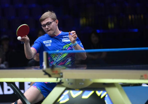 (260814) -- MALMO, Aug. 14, 2026 -- Alexis Lebrun competes during the men s singles round of 16 match between Lin Shidong of China and Alexis Lebrun of France at the WTT Europe Smash Sweden 2026 in Malmo, Sweden, Aug. 14, 2026. ) (SP)SWEDEN-MALMO Table tennis, Tischtennis WTT EUROPE SMASH 2026-MEN S SINGLES WengxXinyang 