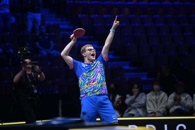 (260814) -- MALMO, Aug. 14, 2026 -- Alexis Lebrun celebrates after winning the men s singles round of 16 match between Lin Shidong of China and Alexis Lebrun of France at the WTT Europe Smash Sweden 2026 in Malmo, Sweden, Aug. 14, 2026. ) (SP)SWEDEN-MALMO Table tennis, Tischtennis WTT EUROPE SMASH 2026-MEN S SINGLES WengxXinyang 