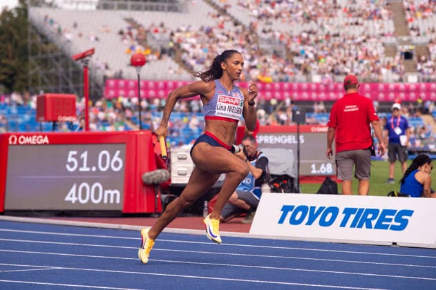 Lina Nielsen of Great Britain and Northern Ireland in action in the Womens 4x400m heats at the European Athletics Championships at Alexander Stadium in Birmingham, England (Sean Walsh Sports Press Photo)  Copyright: xSeanxWalshx Sportspressphoto_SPR206029