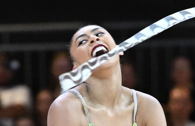 14.08.2026, xhbx, Rhythmische Sportgymnastik Weltmeisterschaft 2026, v.l. Barbara Domingos (Brasilien) Band (DFL DFB REGULATIONS PROHIBIT ANY USE OF PHOTOGRAPHS as IMAGE SEQUENCES and or QUASI-VIDEO) Frankfurt am Main *** August 14, 2026, xhbx, 2026 Rhythmic Gymnastics World Championships, from left: Barbara Domingos, Brazil, ribbon. DFL, DFB REGULATIONS PROHIBIT ANY USE OF PHOTOGRAPHS AS IMAGE SEQUENCES AND OR QUASI-VIDEO. Frankfurt am Main