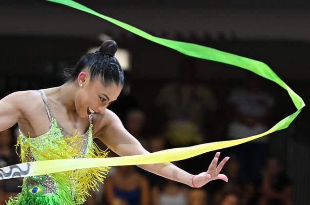 14.08.2026, xhbx, Rhythmische Sportgymnastik Weltmeisterschaft 2026, v.l. Barbara Domingos (Brasilien) Band (DFL DFB REGULATIONS PROHIBIT ANY USE OF PHOTOGRAPHS as IMAGE SEQUENCES and or QUASI-VIDEO) Frankfurt am Main *** August 14, 2026, xhbx, 2026 Rhythmic Gymnastics World Championships, from left: Barbara Domingos, Brazil, ribbon. DFL, DFB REGULATIONS PROHIBIT ANY USE OF PHOTOGRAPHS AS IMAGE SEQUENCES AND OR QUASI-VIDEO. Frankfurt am Main