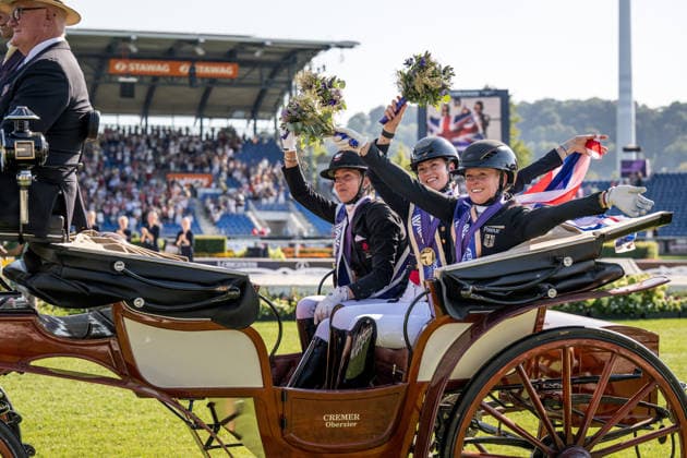 260814 Cathrine Laudrup-Dufour of Denmark celebrates second place, Charlotte Fry of Great Britain first place and Katharina Hemmer of Germany celebrates third place after competing in the Dressage Grand Prix Special during day 4 of the 2026 FEI World Championships on August 14, 2026 in Aachen. Photo: Emma Wallskog BILDBYRAN kod EW EW0682 ridsport equestrian rid-vm 2026 2026 fei world championships bbeng ridsport-vm dressage dressyr jubel *** August 14, 2026: Cathrine Laudrup Dufour of Denmark celebrates her second-place finish, Charlotte Fry of Great Britain her first-place finish, and Katharina Hemmer of Germany her third-place finish after competing in the Dressage Grand Prix Special on Day 4 of the 2026 FEI World Championships on August 14, 2026 in Aachen. Photo by Emma Wallskog. BILDBYRAN code EW EW0682 equestrian sports 2026 World Championships 2026 FEI World Championships BBENG equestrian sports World Championships dressage celebration  Copyright: EMMAxWALLSKOG BB260814EW101