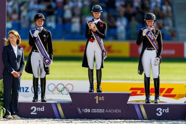 AACHEN - FEI World Championships 2026, AACHEN - FEI World Championships 2026 FRY Charlotte (GBR), LAUDRUP-DUFOUR Cathrine (DEN), HEMMER Katharina (GER) Medal ceremony FEI Dressage World Championship, WM, Weltmeisterschaft Grand Prix Special Individual Meggle Prize Aachen, Reitstadion Soers 14. August 2026 - *** 2026 FEI World Championships in Aachen, Aachen FEI World Championships 2026: FRY Charlotte (GBR), Cathrine Laudrup Dufour (DEN), Katharina Hemmer (GER) – Medal ceremony for the FEI Dressage World Championship Grand Prix Special Individual Meggle Prize, Aachen, Soers Equestrian Stadium, August 14, 2026