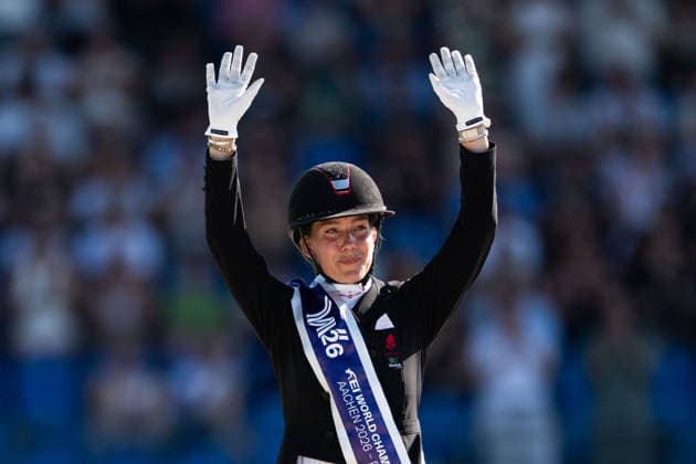 260814 Cathrine Laudrup-Dufour of Denmark celebrates second place after the Dressage Grand Prix Special during day 4 of the 2026 FEI World Championships on August 14, 2026 in Aachen. Photo: Emma Wallskog BILDBYRAN kod EW EW0682 ridsport equestrian rid-vm 2026 2026 fei world championships bbeng ridsport-vm dressage dressyr jubel *** August 14, 2026: Cathrine Laudrup Dufour of Denmark celebrates her second-place finish after the Dressage Grand Prix Special on Day 4 of the 2026 FEI World Championships, 2026 in Aachen. Photo by Emma Wallskog. BILDBYRAN code EW EW0682 equestrian sports 2026 World Championships 2026 FEI World Championships BBENG equestrian sports World Championships dressage celebration  Copyright: EMMAxWALLSKOG BB260814EW107