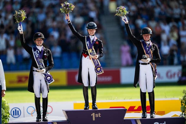 260814 Cathrine Laudrup-Dufour of Denmark, Charlotte Fry of Great Britain and Katharina Hemmer of Germany celebrate on the podium after the Dressage Grand Prix Special during day 4 of the 2026 FEI World Championships on August 14, 2026 in Aachen. Photo: Emma Wallskog BILDBYRAN kod EW EW0682 ridsport equestrian rid-vm 2026 2026 fei world championships bbeng ridsport-vm dressage dressyr jubel *** August 14, 2026: Cathrine Laudrup Dufour of Denmark, Charlotte Fry of Great Britain, and Katharina Hemmer of Germany celebrate on the podium after the Dressage Grand Prix Special on Day 4 of the 2026 FEI World Championships on August 14, 2026 in Aachen. Photo by Emma Wallskog. BILDBYRAN code EW EW0682 equestrian sports riding 2026 World Championships 2026 FEI World Championships BBENG equestrian sports World Championships dressage celebration  Copyright: EMMAxWALLSKOG BB260814EW110
