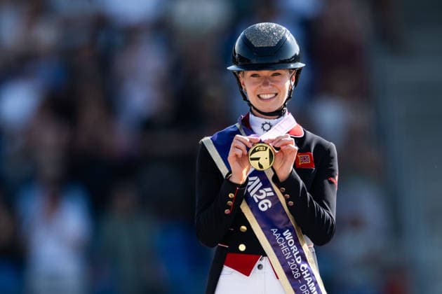 260814 Charlotte Fry of Great Britain celebrates with her gold medal after winning the Dressage Grand Prix Special during day 4 of the 2026 FEI World Championships on August 14, 2026 in Aachen. Photo: Emma Wallskog BILDBYRAN kod EW EW0682 ridsport equestrian rid-vm 2026 2026 fei world championships bbeng ridsport-vm dressage dressyr jubel *** August 14, 2026: Charlotte Fry of Great Britain celebrates with her gold medal after winning the Dressage Grand Prix Special on Day 4 of the 2026 FEI World Championships on August 14, 2026 in Aachen. Photo by Emma Wallskog. BILDBYRAN code EW EW0682 equestrian sports 2026 World Championships 2026 FEI World Championships BBENG equestrian sports World Championships dressage celebration  Copyright: EMMAxWALLSKOG BB260814EW111