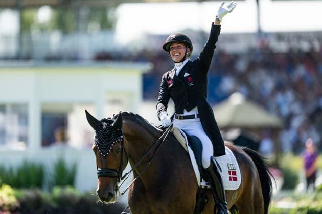 260814 Cathrine Laudrup-Dufour of Denmark with horse Mount St John Freestyle celebrates after competing in the Dressage Grand Prix Special during day 4 of the 2026 FEI World Championships on August 14, 2026 in Aachen. Photo: Emma Wallskog BILDBYRAN kod EW EW0682 ridsport equestrian rid-vm 2026 2026 fei world championships bbeng ridsport-vm dressage dressyr jubel *** August 14, 2026: Cathrine Laudrup Dufour of Denmark, riding Mount St. John in the Freestyle, celebrates after competing in the Dressage Grand Prix Special on Day 4 of the 2026 FEI World Championships on August 14, 2026 in Aachen. Photo by Emma Wallskog. BILDBYRAN code EW EW0682 equestrian sports riding 2026 World Championships 2026 FEI World Championships BBENG equestrian sports World Championships dressage celebration  Copyright: EMMAxWALLSKOG BB260814EW116