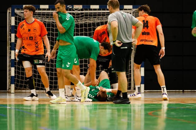 HANDBALL - Graz vs Algeria, test match GRAZ,AUSTRIA,14.AUG.26 - HANDBALL - HSG Graz vs Algeria, test match. Image shows Bouhal Azize (Algeria). Keywords: injury.  GEPAxpictures xJamesxDoak