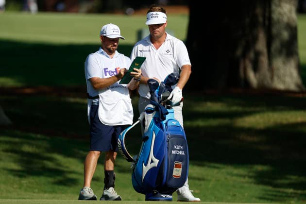 MEMPHIS, TN - AUGUST 14: Keith Mitchell of the United States checks a yardage with his caddie during the second round of the FedEx St. Jude Championship, August 14, 2026, at TPC Southwind in Memphis, Tennessee. (Photo by Matthew Maxey Icon Sportswire) GOLF: AUG 14 PGA, Golf Herren FedEx St. Jude Championship EDITORIAL USE ONLY Icon260814015