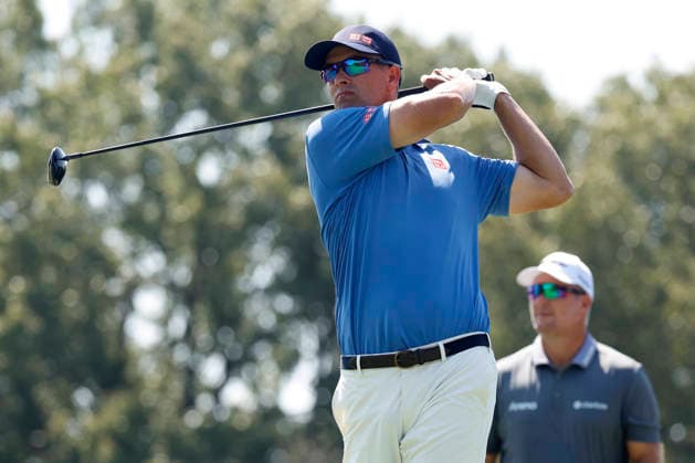 MEMPHIS, TN - AUGUST 14: Adam Scott of Australia hits his tee shot on No. 9 during the second round of the FedEx St. Jude Championship, August 14, 2026, at TPC Southwind in Memphis, Tennessee. (Photo by Matthew Maxey Icon Sportswire) GOLF: AUG 14 PGA, Golf Herren FedEx St. Jude Championship EDITORIAL USE ONLY Icon260814056