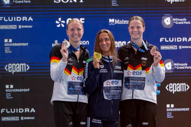 France, Paris, Centre Aquatique Olympique Metropole du Grand Paris, 14.08.2026, European Aquatics Championships, Day 15 - Final Session, Isabel Gose, SC Magdeburg, Germany, Simona Quadarella, Italy and Maya Werner, Photo by Eibner Pressefoto Tino Henschel European Aquatics Championships, Day 15 - Final Session Paris *** France, Paris, Centre Aquatique Olympique Metropole du Grand Paris, August 14, 2026, European Aquatics Championships, Day 15 Final Session, Isabel Gose, SC Magdeburg, Germany; Simona Quadarella, Italy; and Maya Werner. Photo by Eibner Pressefoto Tino Henschel. European Aquatics Championships, Day 15 Final Session, Paris Copyright: xEibnerxPressefotox
