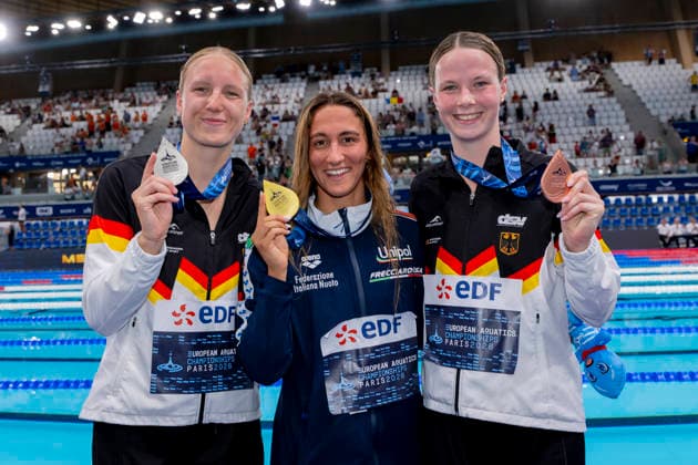 France, Paris, Centre Aquatique Olympique Metropole du Grand Paris, 14.08.2026, European Aquatics Championships, Day 15 - Final Session, Isabel Gose, SC Magdeburg, Germany, Simona Quadarella, Italy and Maya Werner, Photo by Eibner Pressefoto Tino Henschel European Aquatics Championships, Day 15 - Final Session Paris *** France, Paris, Centre Aquatique Olympique Metropole du Grand Paris, August 14, 2026, European Aquatics Championships, Day 15 Final Session, Isabel Gose, SC Magdeburg, Germany; Simona Quadarella, Italy; and Maya Werner. Photo by Eibner Pressefoto Tino Henschel. European Aquatics Championships, Day 15 Final Session, Paris Copyright: xEibnerxPressefotox